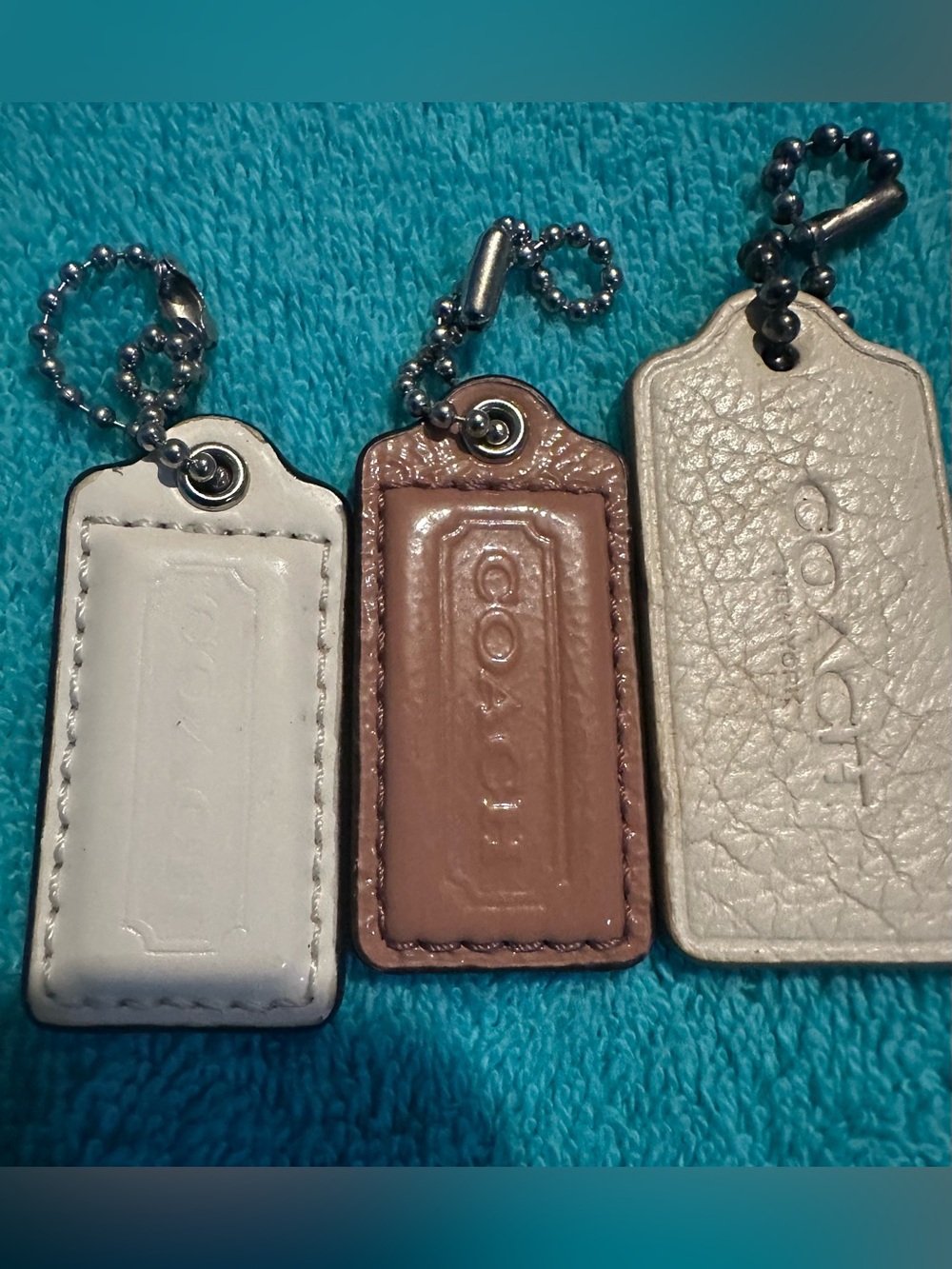 COACH Leather Key Tag Charm Trio - 2 White/Cream 1 Purple/Plum